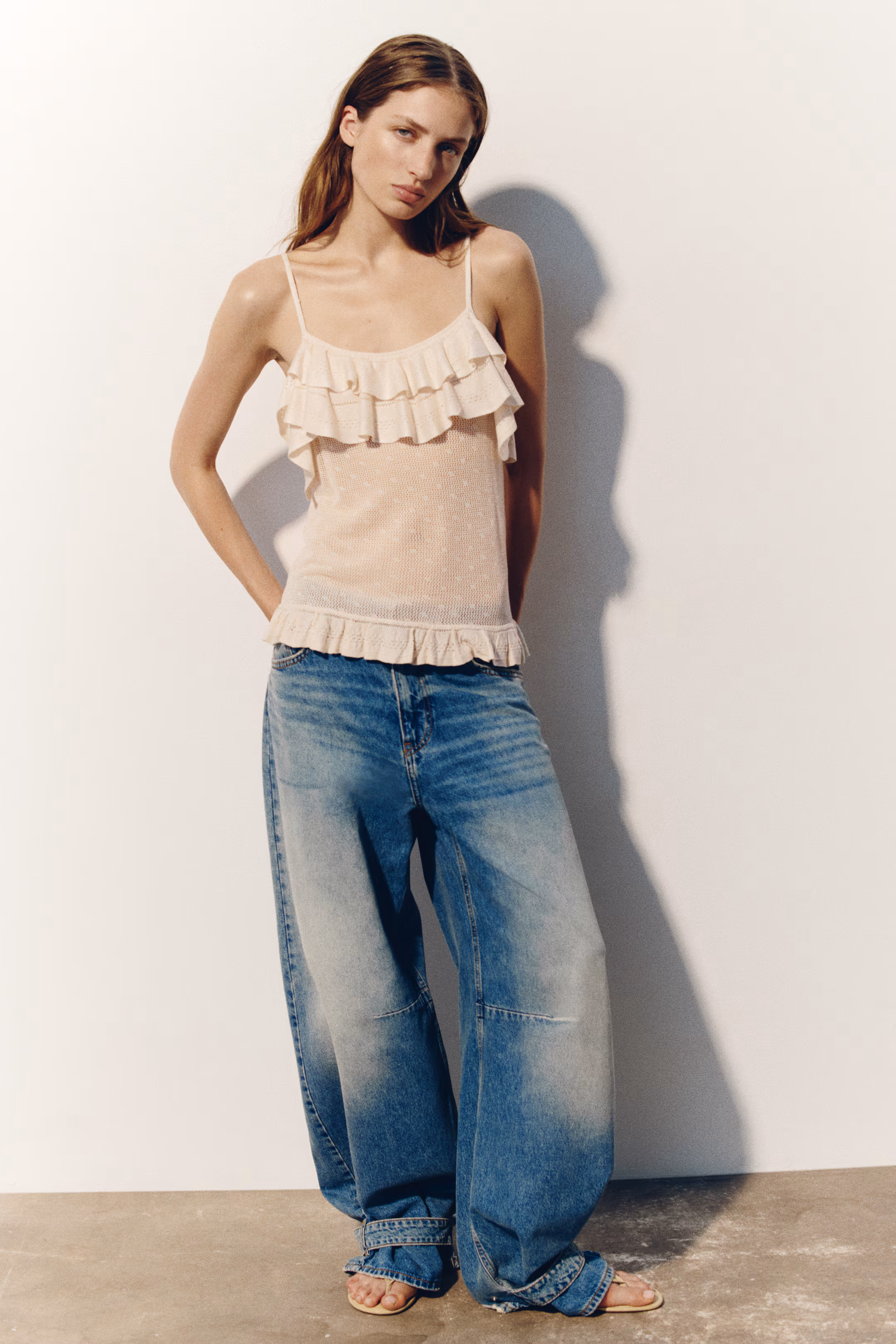 Flounced pointelle-knit top