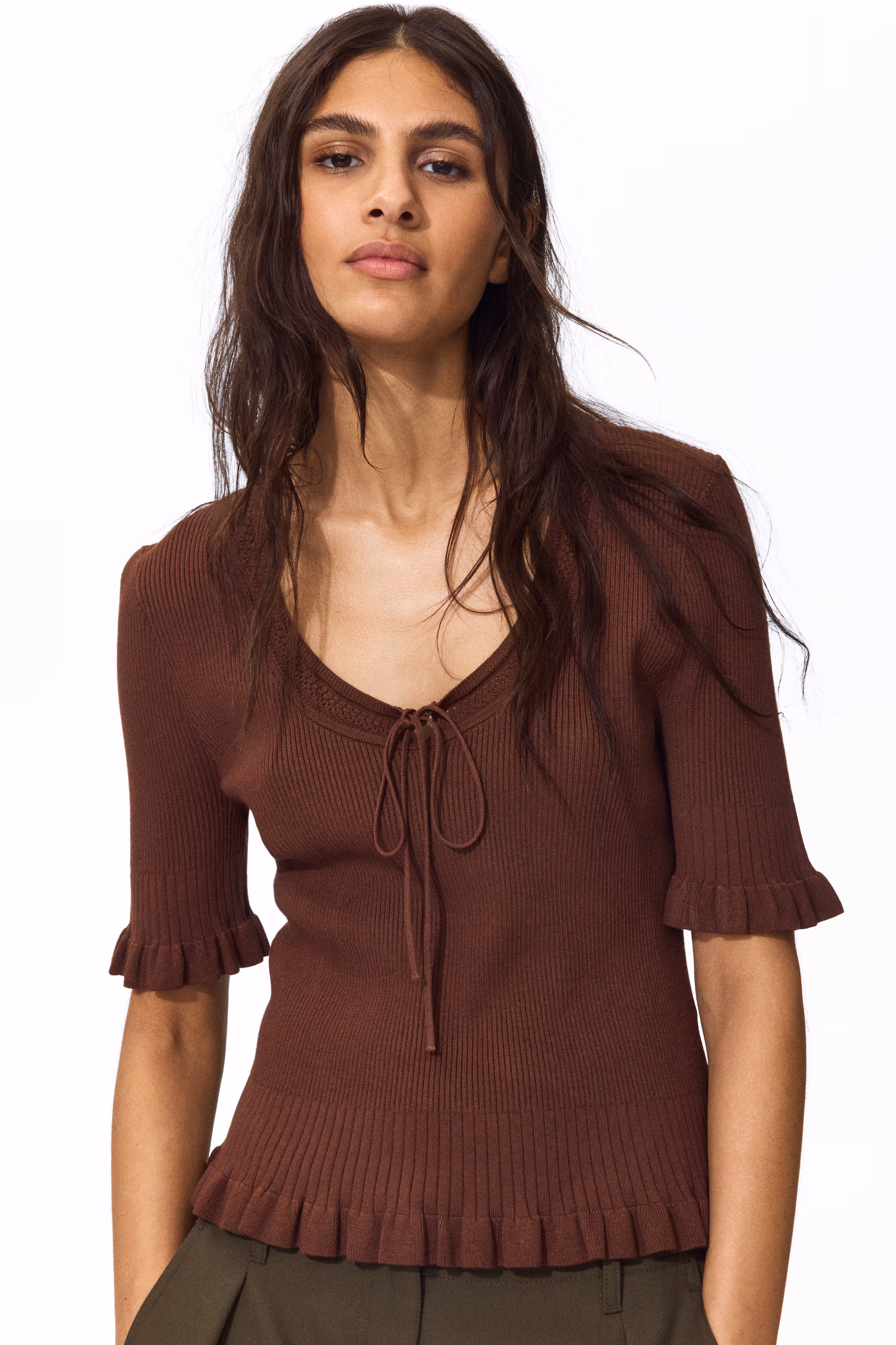 Frill-trimmed rib-knit top
